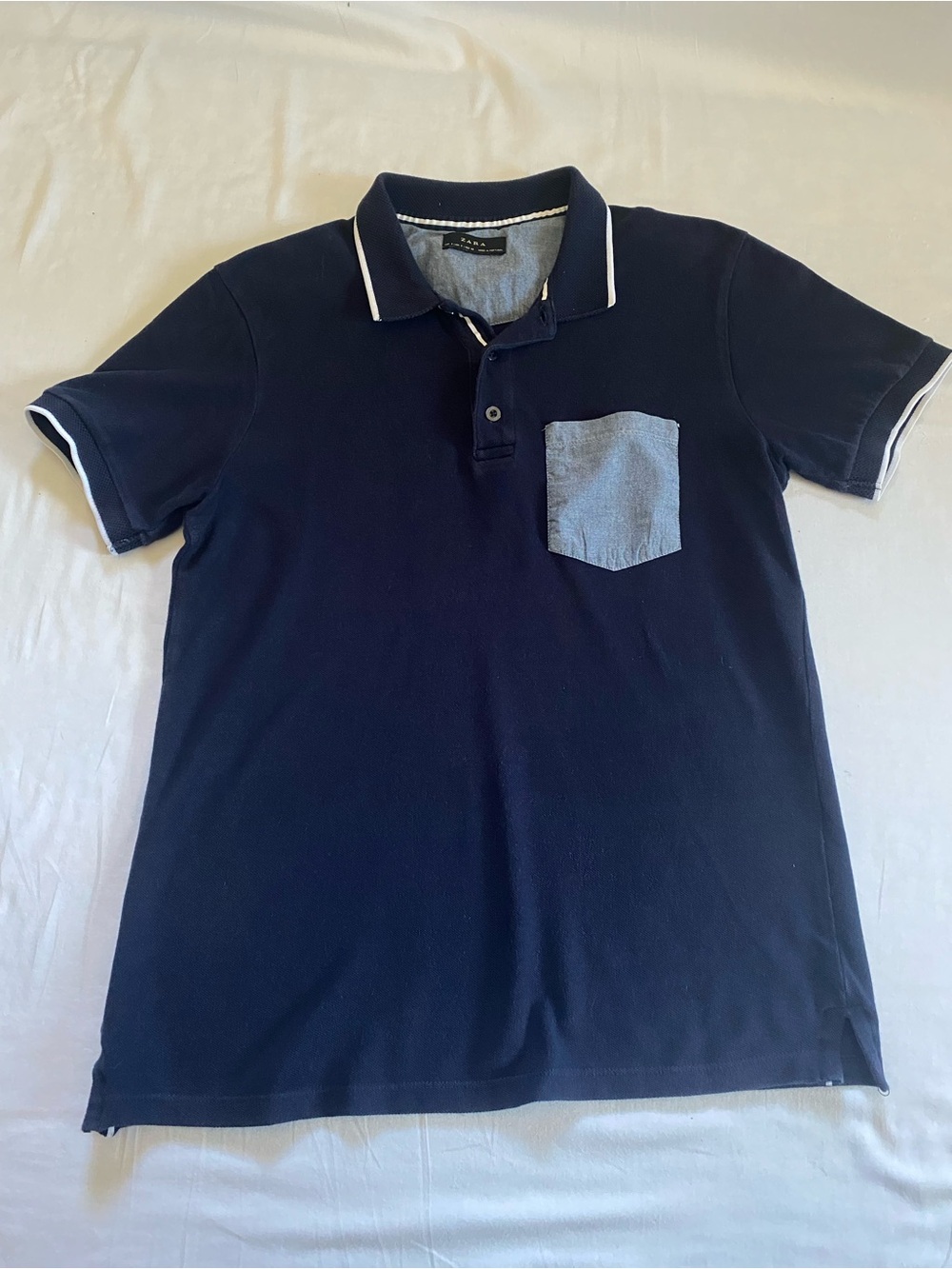 Zara Men's Navy Polo with Light Blue Pocket and White Trim - Size S